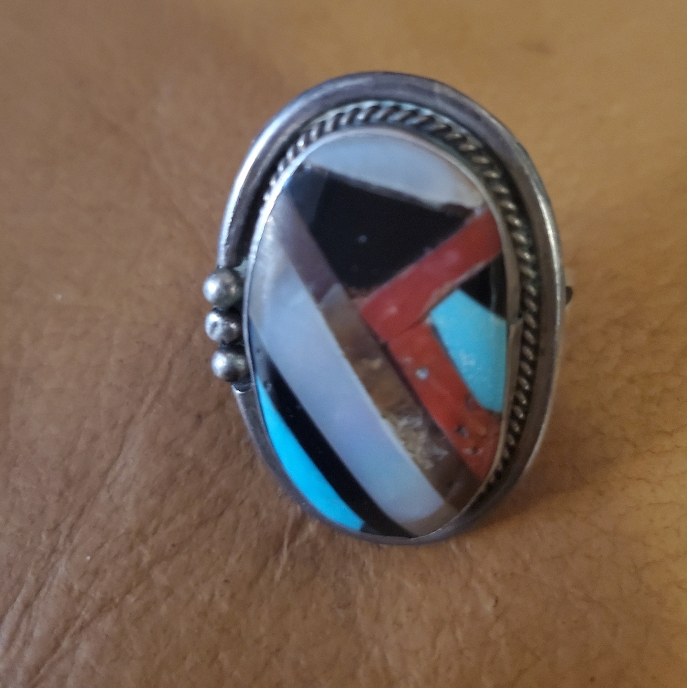 Mens Native American Ring Turquoise Coral Vintage